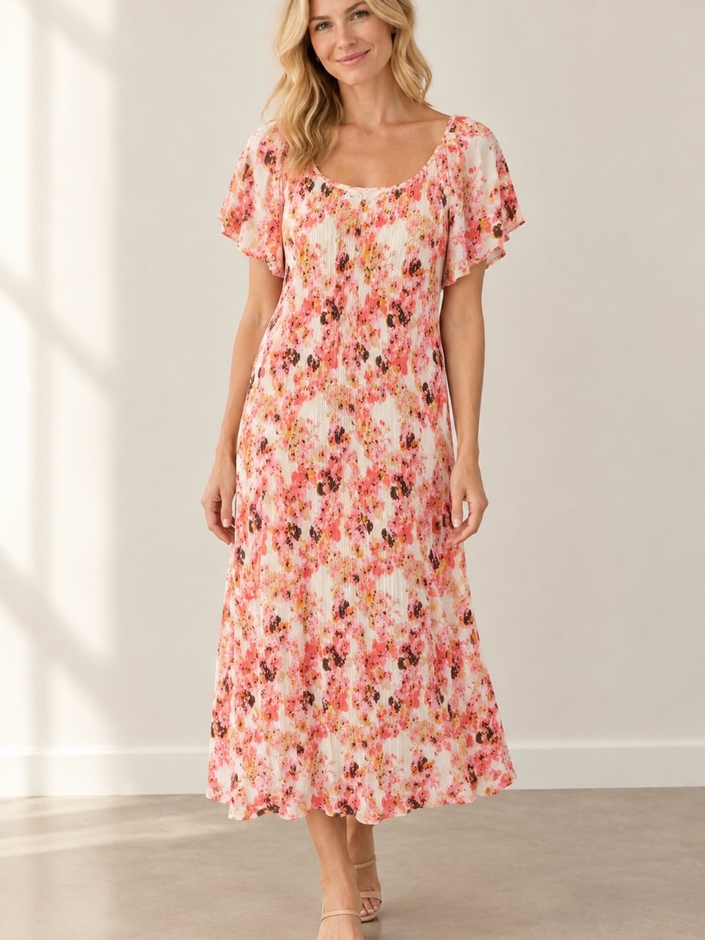 ICHI  Scoop Neck Flutter Sleeve MIDI Dress -  Multi Color Floral